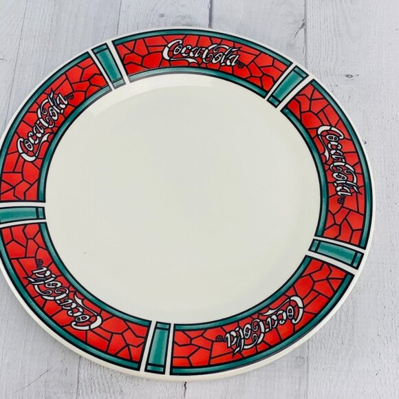 Gibson 1997 COCA COLA Traditions Red Stained Glass Stoneware Dinner Plates Set 3 - Picture 4 of 7